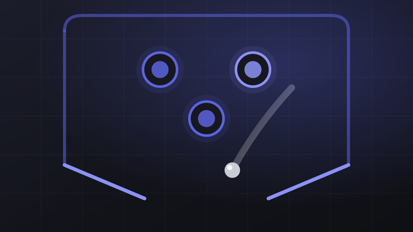 Abstract pinball playfield illustration with lit lanes, three pop bumpers and a ball trail